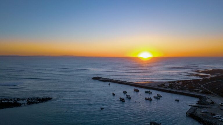 Captured at sunrise, Struisbaai harbor filled with moored boats against a stunning horizon.
